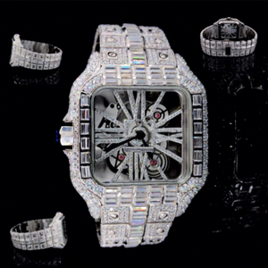 Montre pour homme personnalisée de luxe, cadran carré en verre squelette, acier inoxydable, diamant moissanite blanc 14 carats, résistance à l'eau 10 bars - Product Image 1