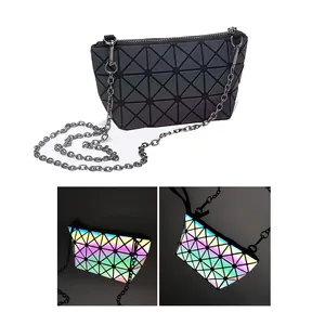 women trendy gift black rainbow holographic geometric diamond pattern luminous reflective purse shoulder hand tote bag handbag