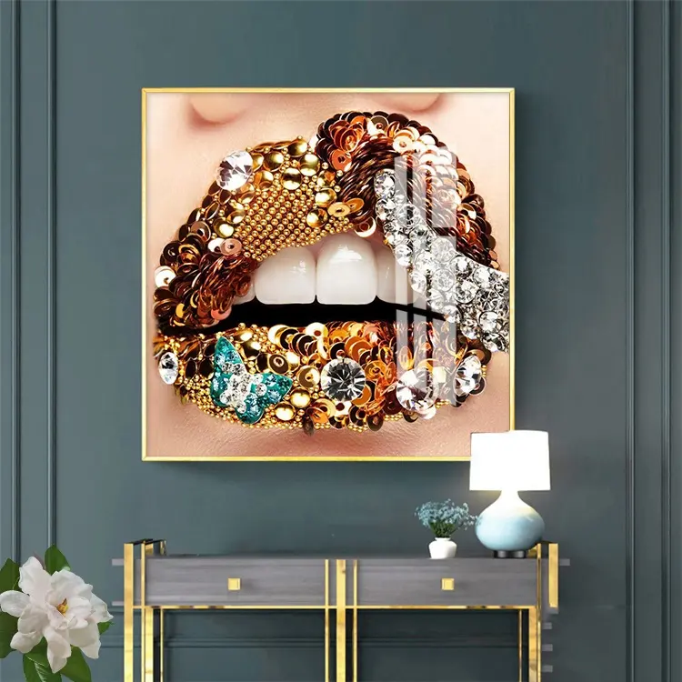 Graffiti Street Pop Art labbra sexy con diamanti dipinti in porcellana di cristallo con cornice in metallo decorazioni per la casa stampate in acrilico UV