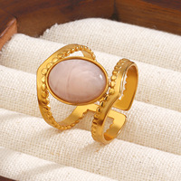 Bague élégante en acier inoxydable avec pierre naturelle ajustable, géométrique, ovale rose, pour femme, vente en gros