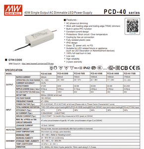 MEAN WELL PCD-40-1050B 39.9W 1050mA 22‑38V TRIAC Dimmable Constant Current LED Driver AC180‑295Vac IP42 - Product Image 2