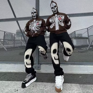 Streetwear pantaloni della tuta in cotone da uomo Custom teschi toppa Patchwork ricamo pantaloni in pile impilati felpe uomo - Product Image 5