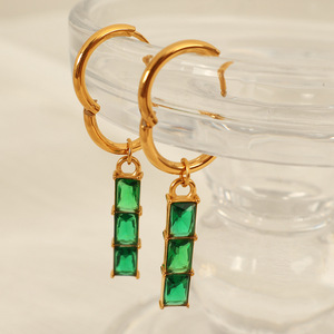 Geometric Hoop <b>Earrings</b> With Rectangular Zircon Stones Bezel Setting For Party Women <b>Gold</b> Tone <b>Dangle</b> <b>Earrings</b> - Product Image 2