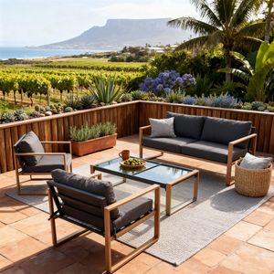 Ensemble de meubles d'extérieur minimalistes avec structure en teck, coussins résistants aux intempéries pour patio, jardin, balcon, couleurs personnalisables - Product Image 1