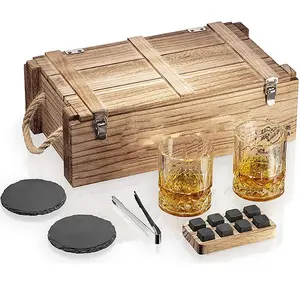 Whiskey gift wood box 8 Granite Whiskey Rocks 2 Glass cup Velvet Bag set by Reusable Cooling Ice Stones