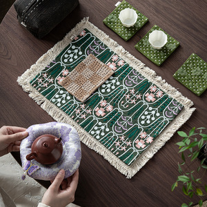 Tapete de Tela Rectangular con Bordado Floral Estilo Chino y Borlas para Mesa de Té, Tapete de Lujo para Platos y Tazones - Product Image 2