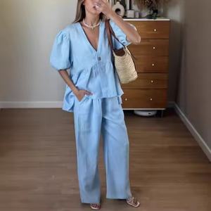 Conjunto de 2 Piezas para Mujer, Top Corto Casual Holgado con Cuello en V, 100% Algodón de Color Sólido, Cintura Elástica, Precio Bajo y Alta Calidad - Product Image 1