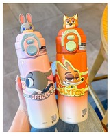 Nouvelle gourde en plastique pour enfants, grande capacité 500 ml, motif ours de dessin animé, avec sangle et paille, pour l'école