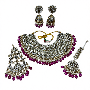 Ensemble de collier de mariée plaqué or avec perles Kundan et boucles d'oreilles en perles de vin, Maang Tikka, bijoux de mariage indiens pour fête et fiançailles - Product Image 1