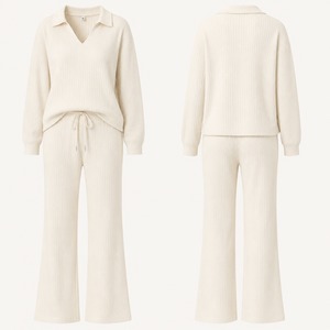 Custom Loungewear Sets Women Ribbed Long Sleeve Top <b>Wide</b> <b>Leg</b> <b>Pants</b> 2 Piece <b>Lounge</b> Wear Soft Premium Comfort - Product Image 3