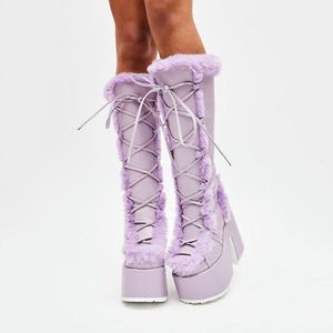 Plus Size Fuzzy Botas Dama Roman Style Women Knee Height Platform Chunky Heel Fur <b>Boots</b> for Women - Product Image 5