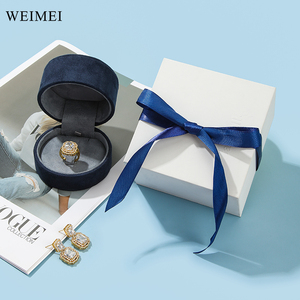 Luxury Blue Velvet White Paper Cylinder Jewelry Packaging <b>Box</b> with Ribbon for Wedding Ring Necklace <b>Earrings</b> - Product Image 1