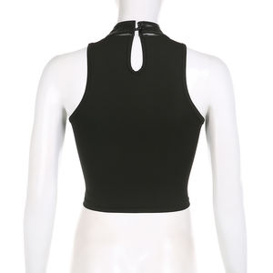 Top Corto sin Mangas para Mujer, Estilo Punk Urbano, Tejido de Punto con Parches, Transpirable, Ecológico, Ajustado, Cuello Alto - Product Image 6