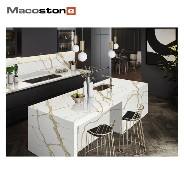 Precise Cut-To-Size Polished Laminate Artificial Marble Calacatta Gold Customized Quartz Stone Kitchen Bar Countertop