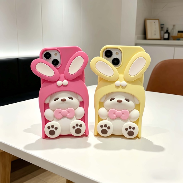 3D Moving Ears Bunny Case for iPhone 15 Pro Max - Cute Wiggly Ear Rabbit Silicone Soft Cover for iPhone 13/12