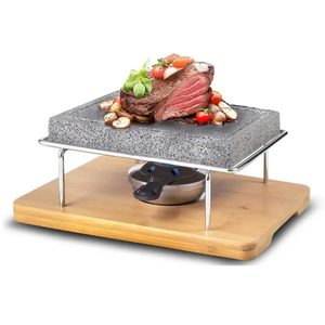 Wooden cheese rock grill steak <b>pan</b> with oval groove and flame-shaped granite slab for Western-style steak. - Product Image 1