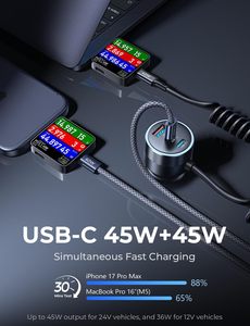 LISEN 2026 Adaptateur <span class=keywords><strong>Chargeur</strong></span> Voiture Amélioré 4-en-1 90W Multi-Ports USB C Power Delivery <span class=keywords><strong>Prise</strong></span> de Charge Rapide pour <span class=keywords><strong>iPhone</strong></span> 17 Samsung - Product Image 2