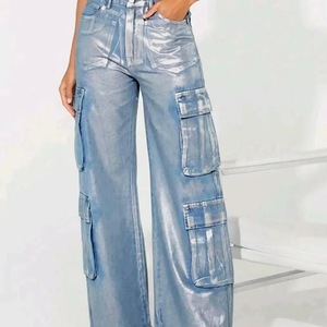 Jean droit taille basse en maille unie style workwear streetwear multi-poches pour femme - Product Image 1