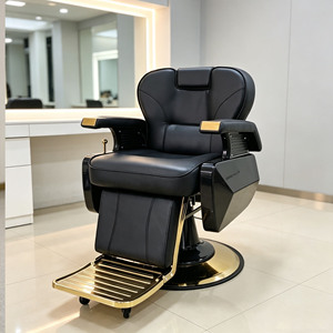 Fauteuil de Barbier Hydraulique Grand Format Inclinable en Similicuir Noir et Doré, Pivotant à 360°, pour Salon de Coiffure - Product Image 1