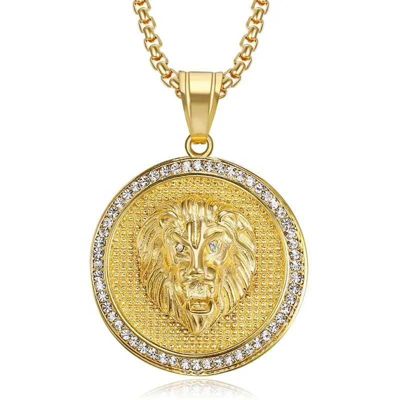 Catena di perle quadrate Hip Hop con collana con ciondolo testa di leone 3D in acciaio inossidabile dorato e Bling CZ