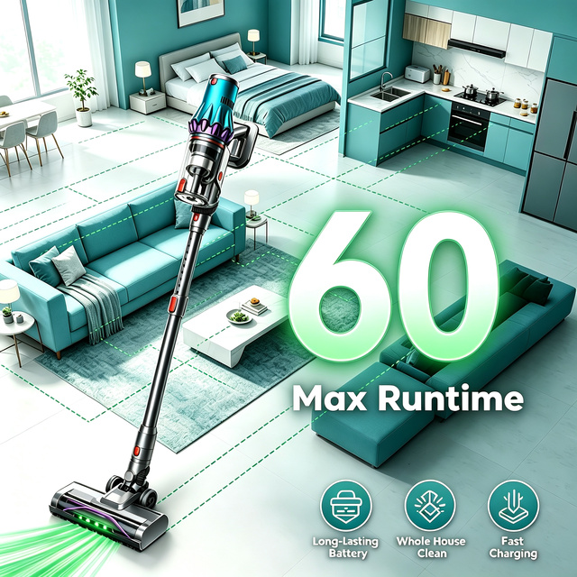 Cordless Vacuum Cleaner Super Power Suction Stick Vacuum Cleaners with 2200 MAh Lightweight Self-Standing 50 Mins Runtime