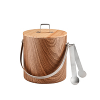 Seau à glace rustique en acier inoxydable à double paroi isolé, motif grain de bois, 1,4/2/3 L, avec poignée de transport, pour vin et bière, avec couvercle en bois et pince.