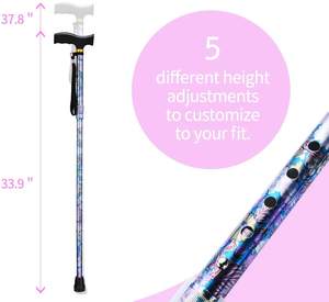 מקל הליכה מתכווננת לגברים ונשים עם ידית פלסטיק נוחה ידית פלסטיק, פרחוני סגול - Product Image 2