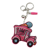Porte-clés camion de crème glacée en strass thermocollants, breloque de sac en cristal avec pompon et clochette, vente en gros, faible MOQ
