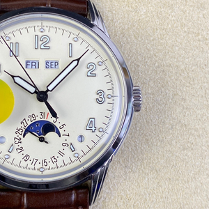 Montre-bracelet en <span class=keywords><strong>cuir</strong></span> pour homme, cadran <span class=keywords><strong>crème</strong></span> vintage 40 mm, aiguilles seringue, lumineuse, automatique, mécanique, affichage phase de lune, jour et mois - Product Image 3