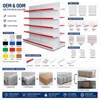 Étagère Gondole Double Face en Métal Gris Clair avec Panneau Perforé et Bordure Rouge – Présentoir Léger à Installation Rapide pour Supermarché, Empilable