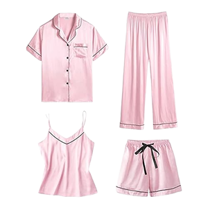 Conjunto de Pijama Deportivo para Mujer, 2 Piezas, Satén Rosa, Cintura Elástica, Manga Corta, Suave, Transpirable, Secado Rápido, para Otoño - Product Image 1