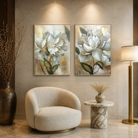 Lot de 2 tableaux muraux modernes peints à la main, fleurs blanches, texture feuille d'or, pivoine, décoration intérieure, chambre, canapé, salon, cadeau