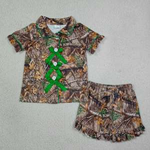 Conjunto de Verano para Niña GSSO3365 RTS, Estampado de Hojas Verdes y Lazos, Spandex/Algodón, Manga Corta, Venta al Por Mayor - Product Image 2