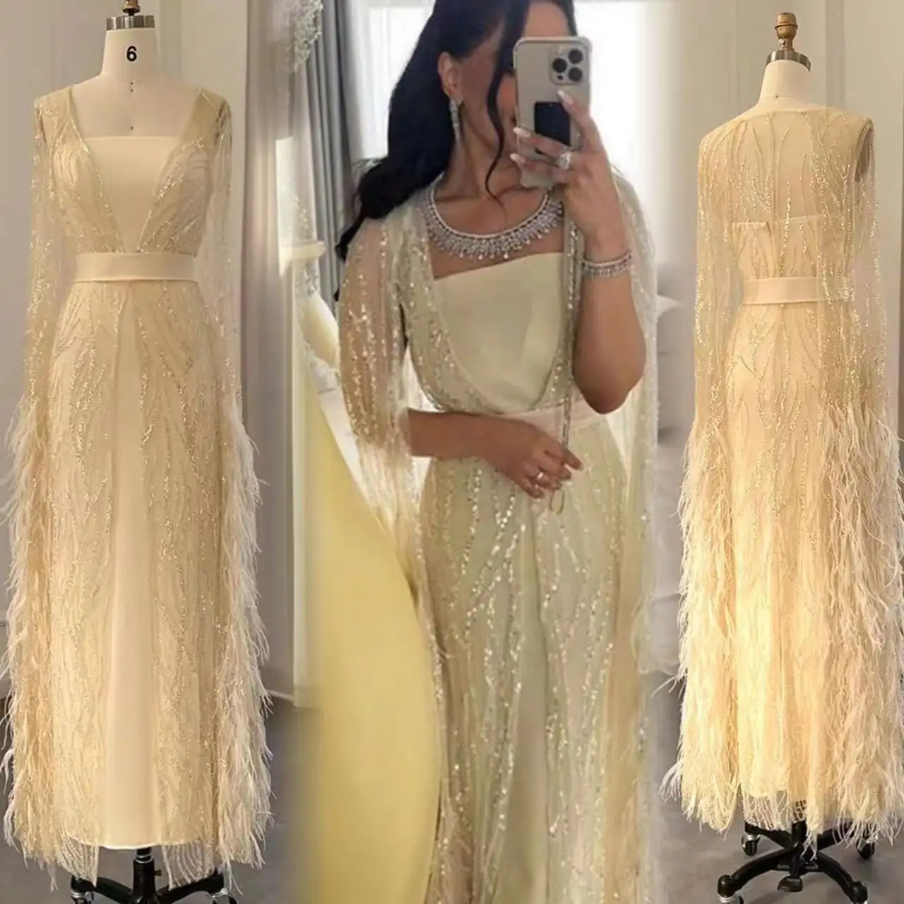 Luxury handmade feather dress with cape sleeve vestidos de fiesta high quality shinny arabic evening dress modest party gowns