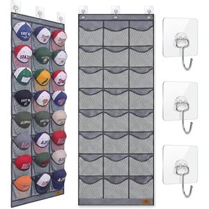 <b>Hat</b> Organizer 24 Pockets Oxford Cloth Moisture Proof Mesh Wall Mounted For <b>Hats</b> Behind Doors On Walls Grey - Product Image 1