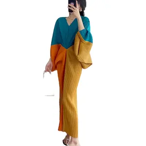 2024 New SBM Pleated Ball Dress Print Long Sleeve Maxi Dress Pleated Miyake Dresses Women Elegant