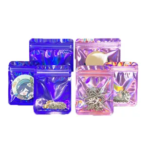In Stock Custom Rainbow Holographic ZipLock Packaging Pink Hologram Plastic Pouches Mylar Laser Bags For Cosmetic Lashes