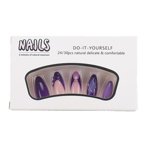 Faux ongles français ABS nude violet foncé, ongles à presser en amande avec motifs linéaires, réutilisables, 24 pièces - Product Image 6
