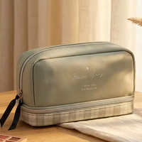Trousse de Maquillage Multi-Compartiments Miss Grey à Carreaux avec Double Fermeture Éclair, Pochette de Voyage Portable pour Femmes