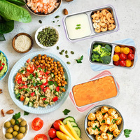 Nouvelle boîte de rangement alimentaire minimaliste moderne en acier inoxydable 304, compatible micro-ondes, avec compartiments et couvercle en silicone, pour l'export.