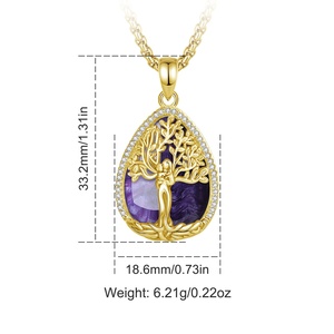 Talisman Mère et Enfant Protection Psychique Pendentif Goutte d'Eau Arbre de Vie Plaqué Or 18K avec Améthyste Naturelle et Zircon - Product Image 2
