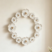 Couronne de fleurs en métal, art mural, or blanc, sculpture murale florale circulaire, ornement suspendu pour la maison