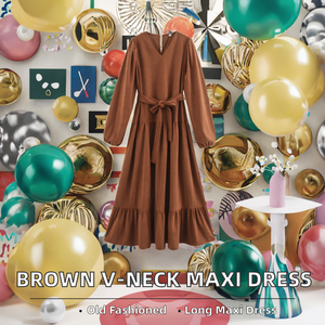 Vestido Maxi Informal para Mujer, Color Marrón, Cuello en V, Manga Larga, Lazos, Transpirable, Tejido Natural, Cintura Ajustada, Talla XS, para Primavera, Verano, Otoño, Color Sólido - Product Image 3