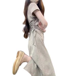 Robe longue trapèze grise à col rond avec ceinture à nouer, respirante, décontractée, pour femme - Product Image 5