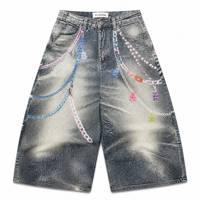 Jean droit ample pour homme en denim vintage personnalisé, imprimé numérique, 14oz, lourd, délavé, motif oursons gommeux, chaîne, été