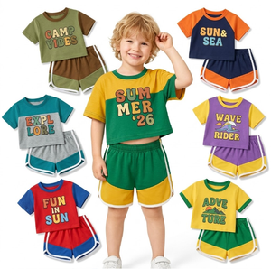 Conjuntos de Ropa de Verano Premium para Niños, Manga Corta, Cuello Redondo, Algodón, para Niños Pequeños, Colores Mezclados, Patrones de Letras Vintage - Product Image 2