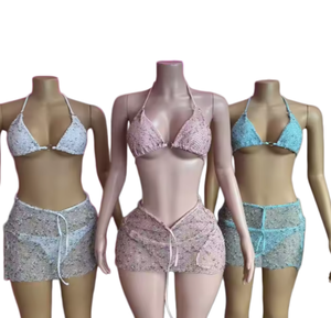 Viviblook Z319ST04 New Women Summer Swimsuit Set Sexy Strap Swimsuit Bikini Mesh Three Piece Swimsuit Set Vacation Beachwear - Product Image 1