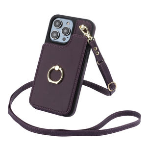Custodia a portafoglio con supporto ad anello in pelle con tracolla per <span class=keywords><strong>iPhone</strong></span> 15/15 Pro/15 Pro Max borsa per cellulare <span class=keywords><strong>viola</strong></span> <span class=keywords><strong>scuro</strong></span> - Product Image 1