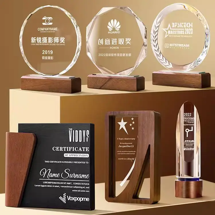 Katı ahşap kristal kupa özelleştirilmiş, ahşap şampiyonu rekabet yıllık toplantı ödülleri ve onur madalyaları