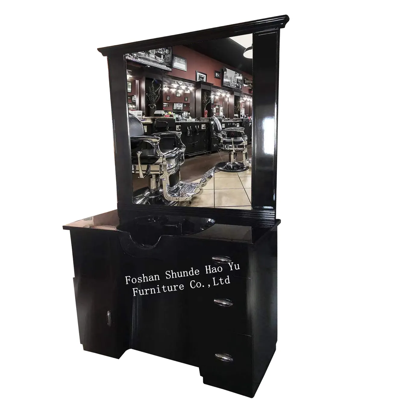 BS02 black barber table with mirrors barber station with bowl